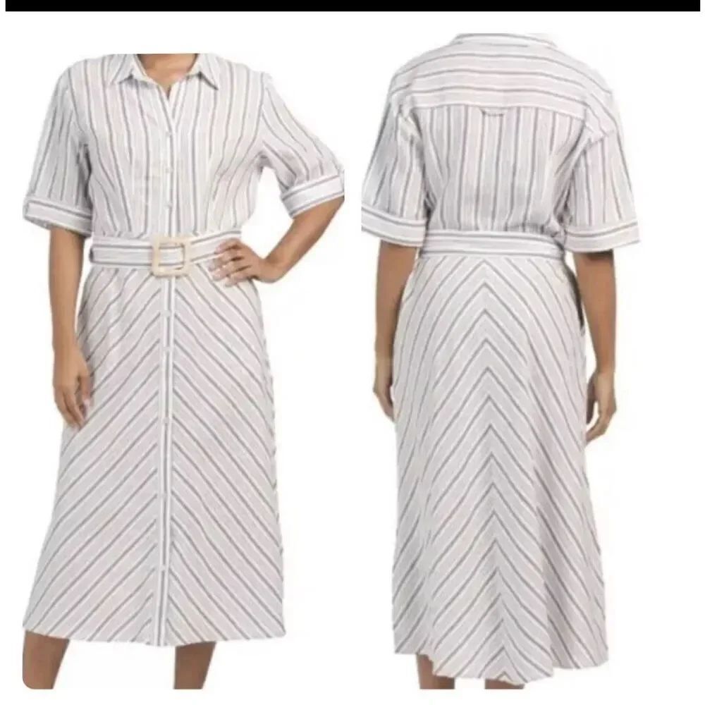 TAHARI Blue Striped Linen Viscose Blend Belted Midi Shirt Dress Size S
